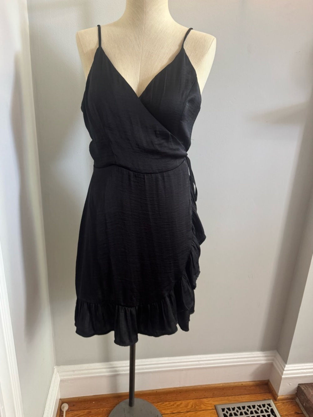 Free People Black Spaghetti-Strap Ruffle Wrap Mini Dress